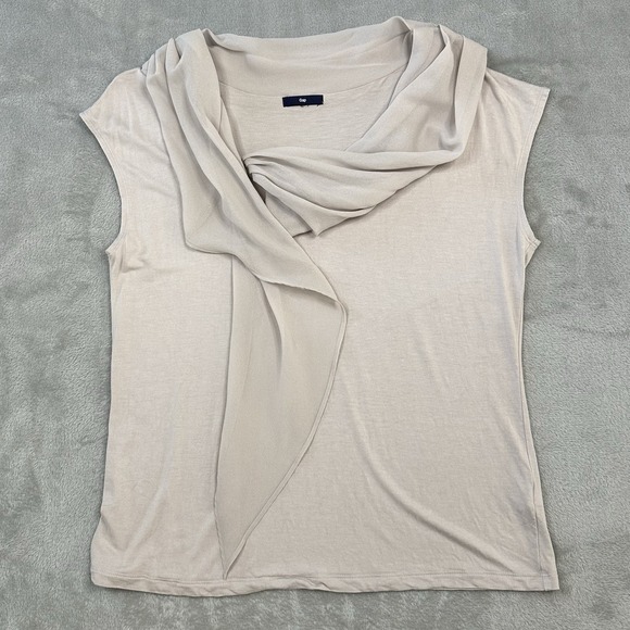 GAP Cowl Neck Blouse Women's L Bone Beige Drape Cap Sleeve Work Party Top - Picture 1 of 10
